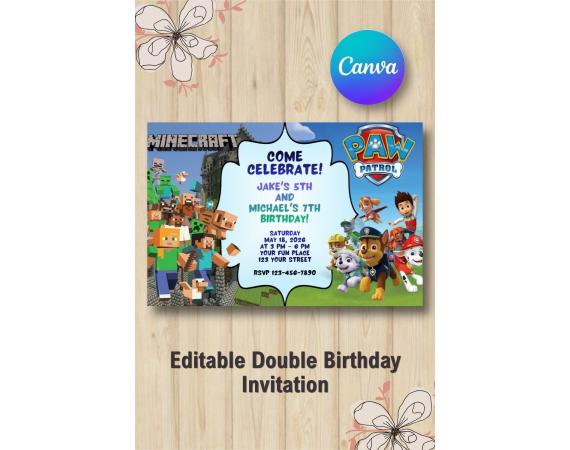 Twin Minecraft and Paw Patrol Invitation | Canva Template